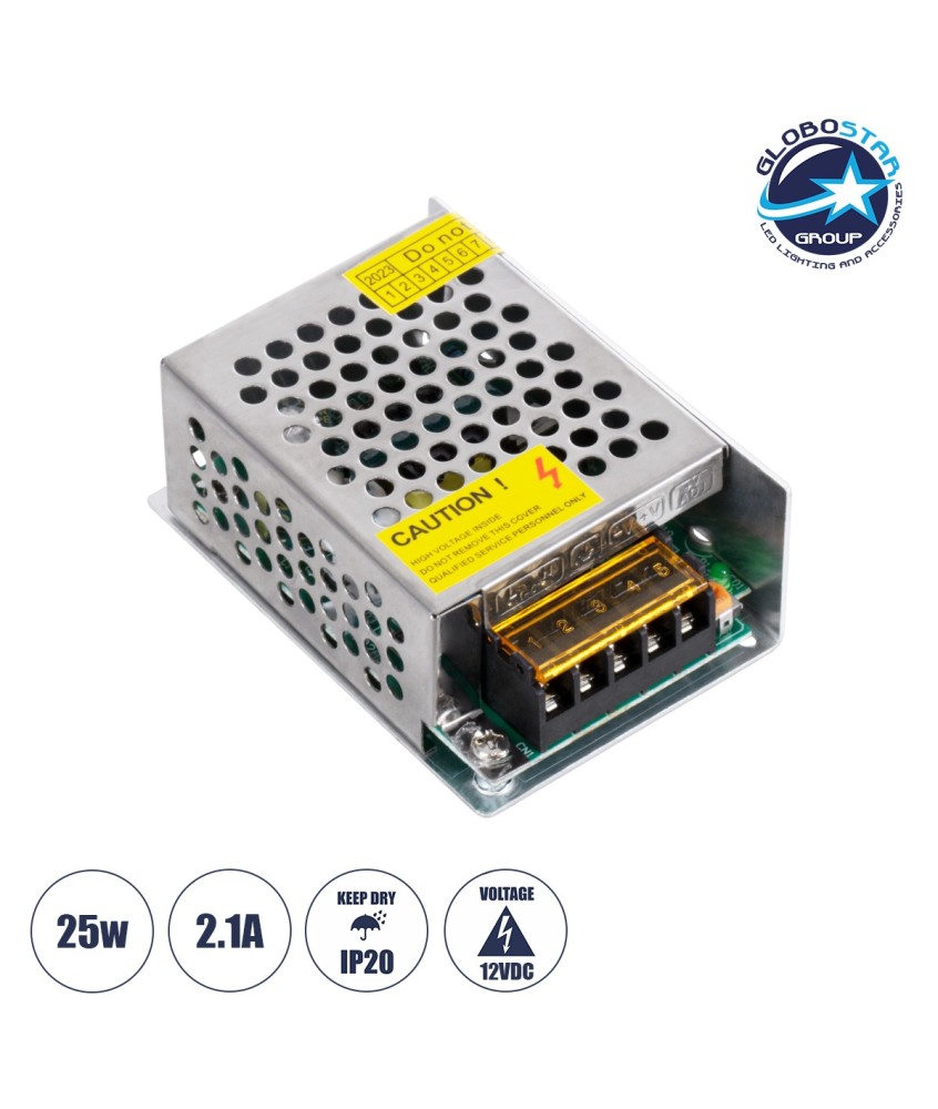 GLOBOSTAR® LUMIVOLT 73032 Τροφοδοτικό-Μετασχηματιστής PELV 25W 2.1A DC 12V IP20 - AC 220-240V σε DC 12V - Ρυθμιζόμενo από DC 10.8V έως DC 13.2V - Μ8.7 x Π5.8 x Υ3.4cm - 3 Χρόνια Εγγύηση